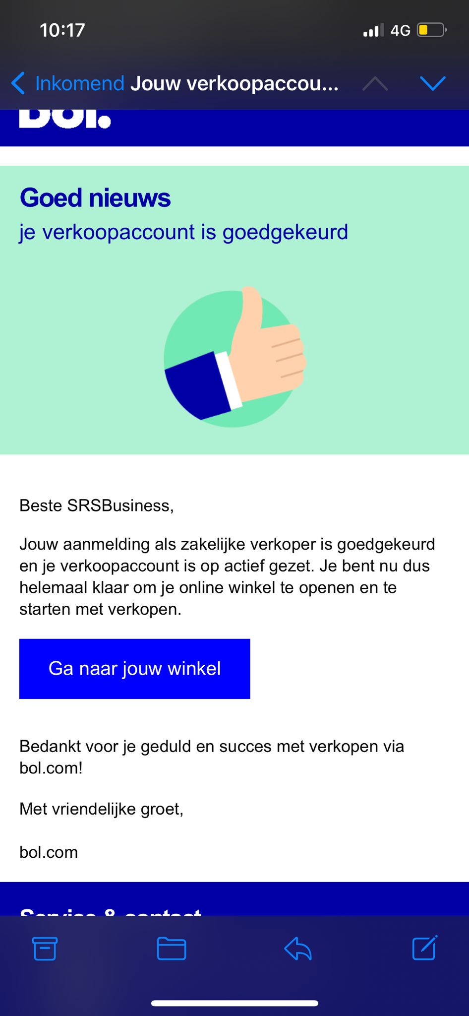 Bol.com email confirming the seller account was approved