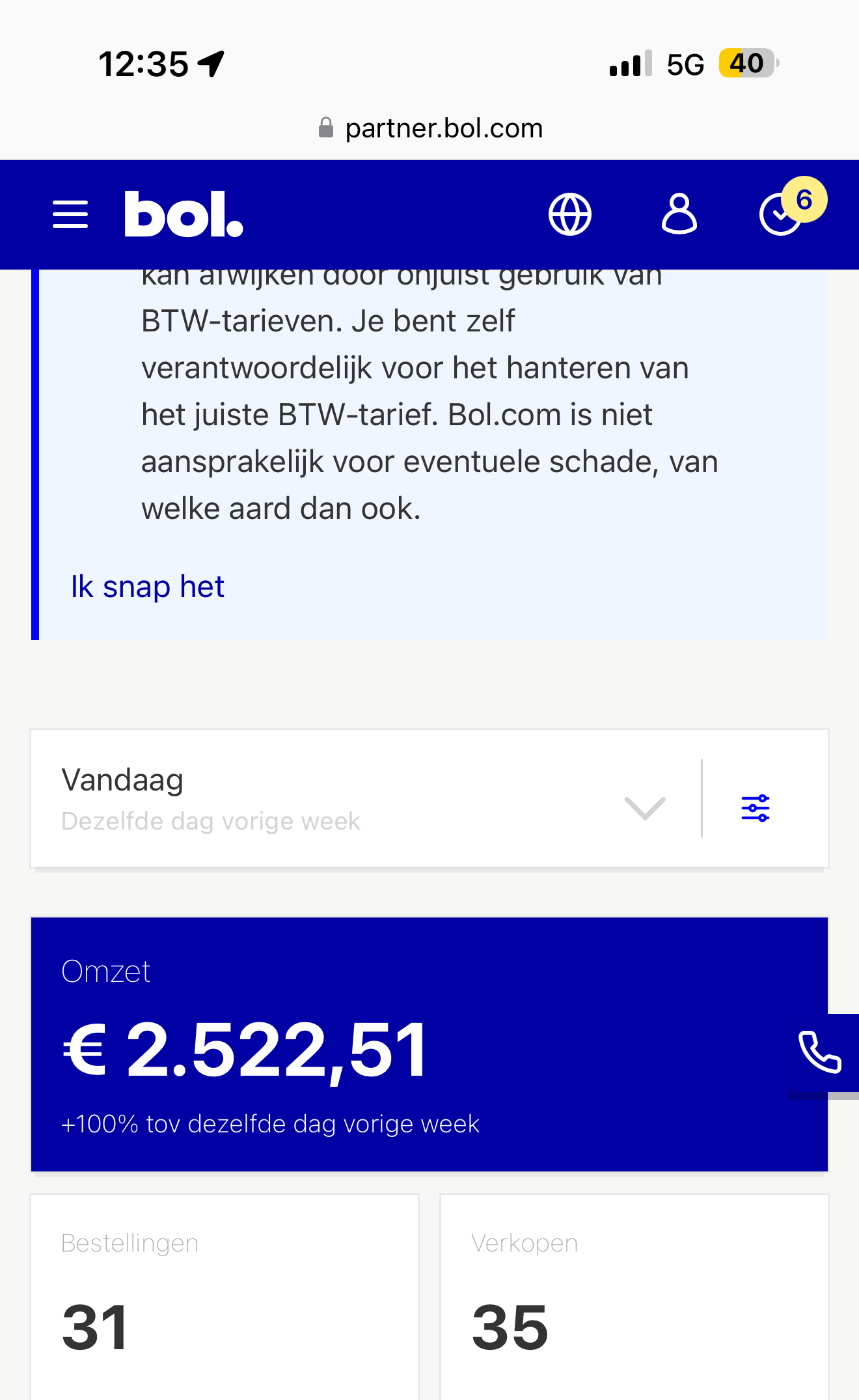 Bol.com Partner dashboard, daily revenue overview