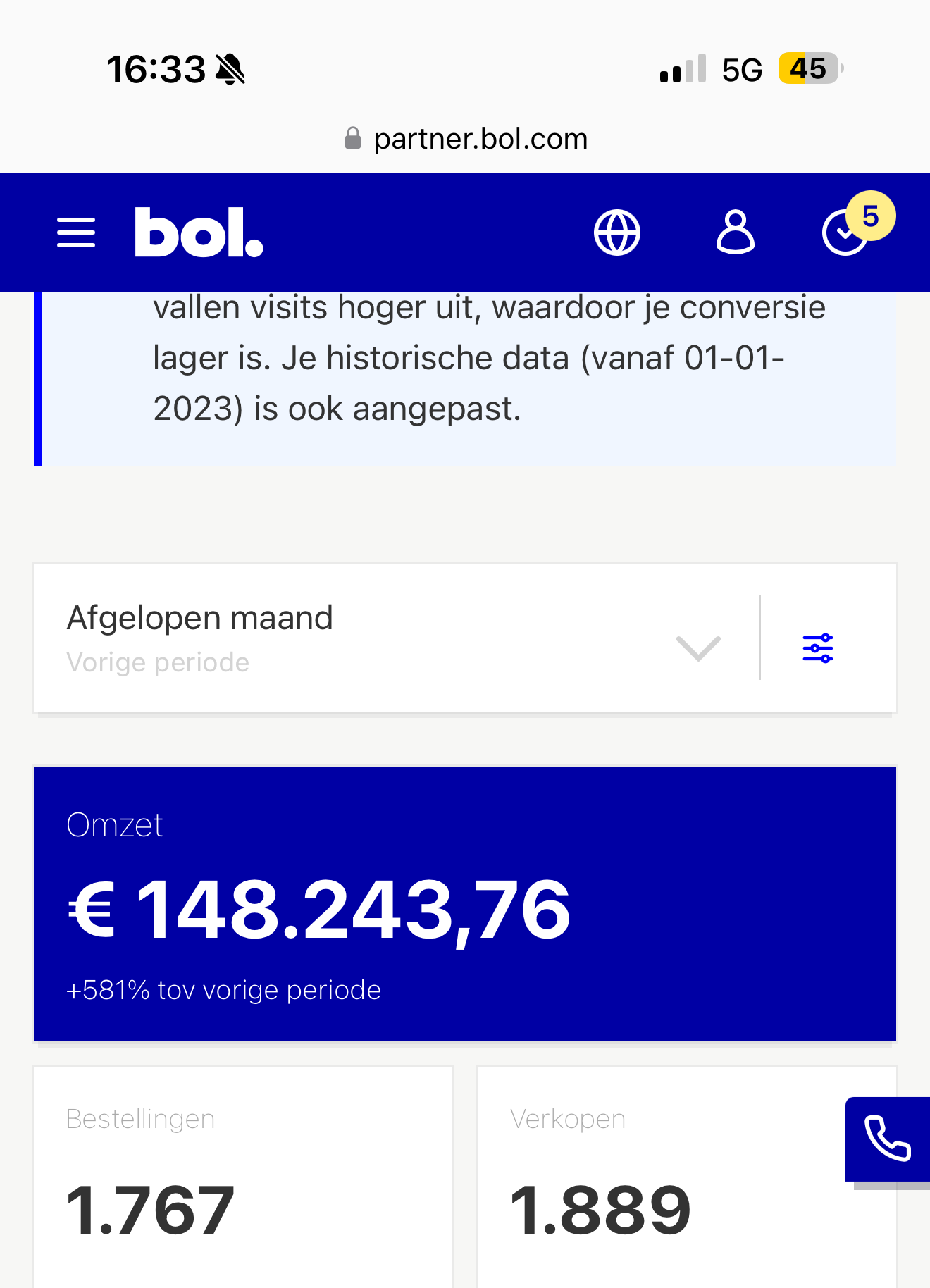 Bol.com Partner dashboard, monthly revenue overview